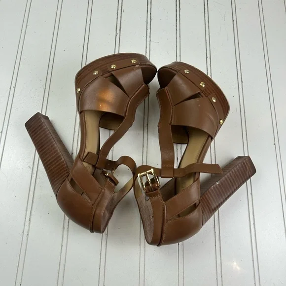 Michael Kors Brown Leather Platform T Strap Chunky Block Heels Women’s Size 7M - Picture 8 of 11
